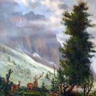 Ölgemälde, Hirsch und Hirschkuh vor aufziehendem Unwetter im Hochgebirge
