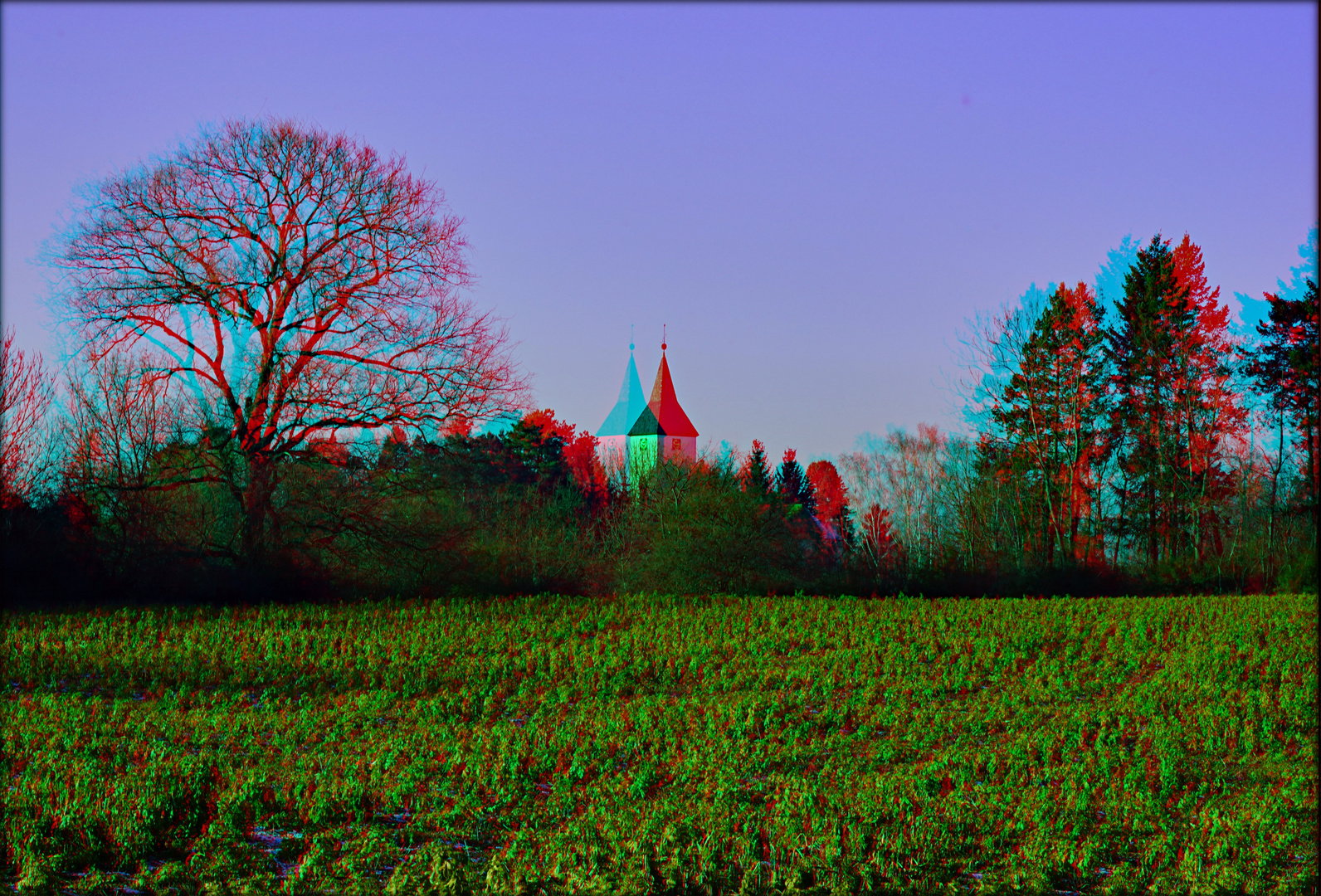 Oh wie schön ist Sperenberg - Kirche und Feld (3D-Cha-Anaglyphe)