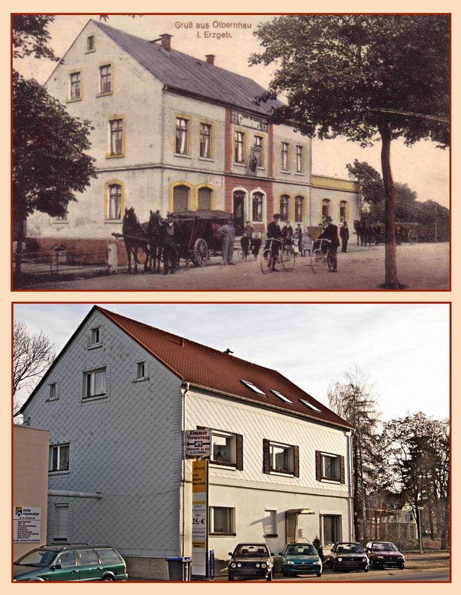 OLBERNHAU Gasthaus Gambrinus vor 100 Jahren - Autohaus Schierig heute