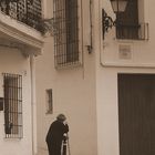 Old woman is cleaning a curbstone, Altea, Spain