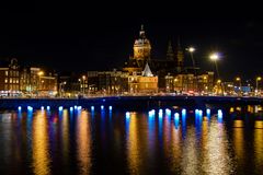 Open Havenfront with Basilica of St Nicolaas and "Water Fun"(Amsterdam Light Festival) - 01