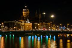 Open Havenfront with Basilica of St Nicolaas and "Water Fun"(Amsterdam Light Festival) - 02