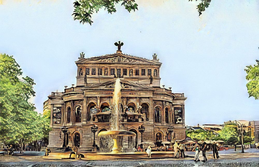 Opernhaus Frankfurt/M. mit goldenem Brunnen und Menschen im Inspire-Stil