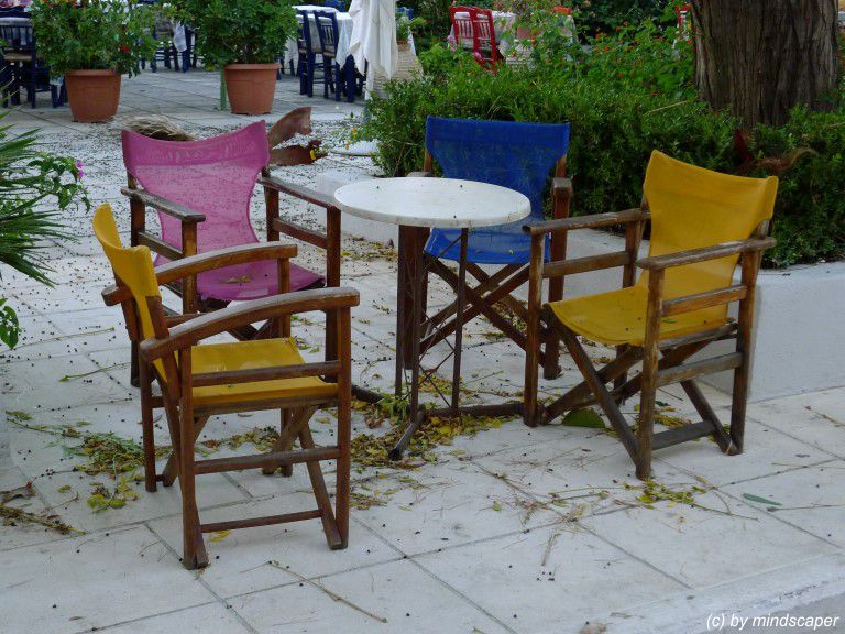 Out of Season Colourful Chairs at Kafeneion, Koroni