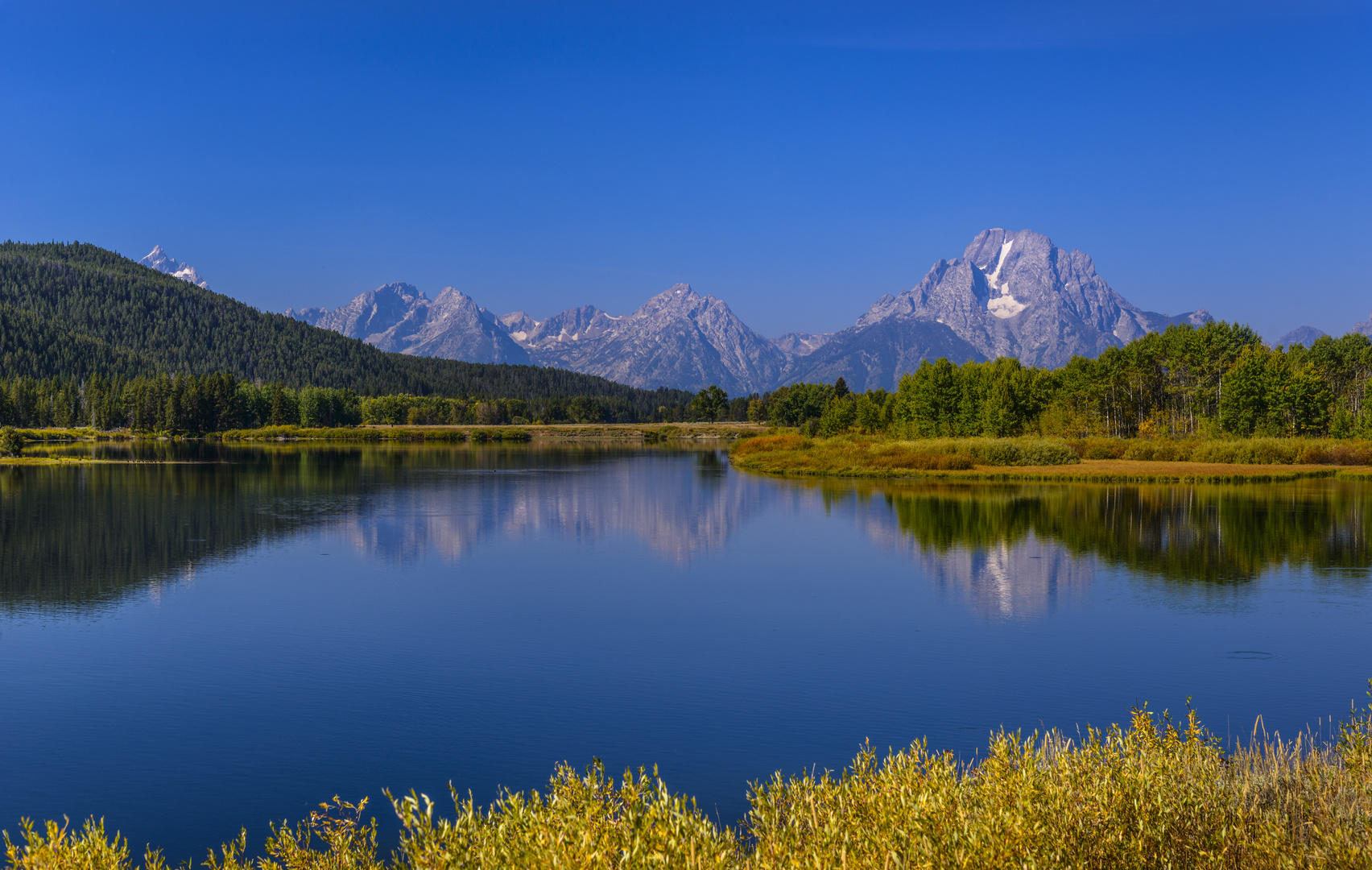 Oxbow Bend, Teton Range mit Mount Moran, Wyoming, USA