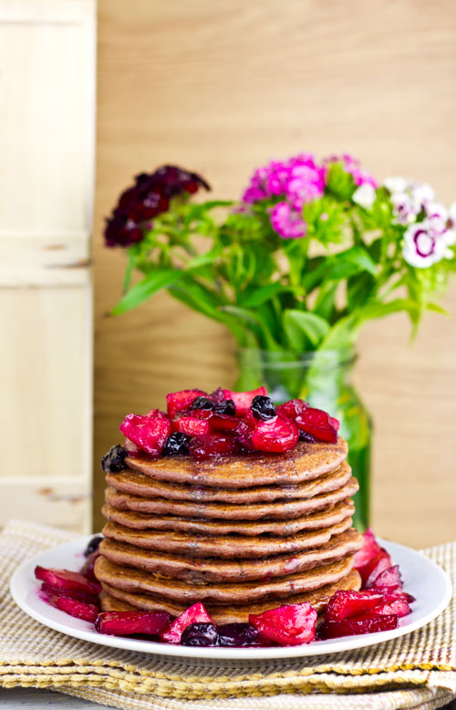 Pancakes with caramelized apples and blueberries