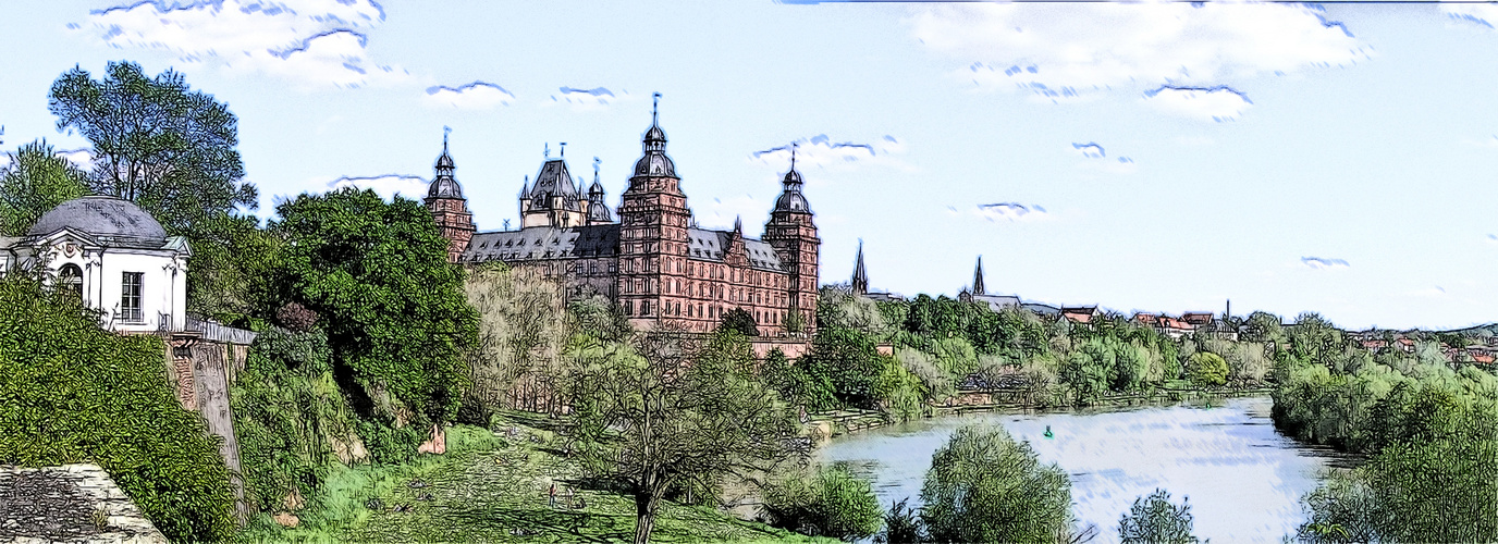 Panorama Aschaffenburger Schloss und Main mit Tempel als Zeichnung