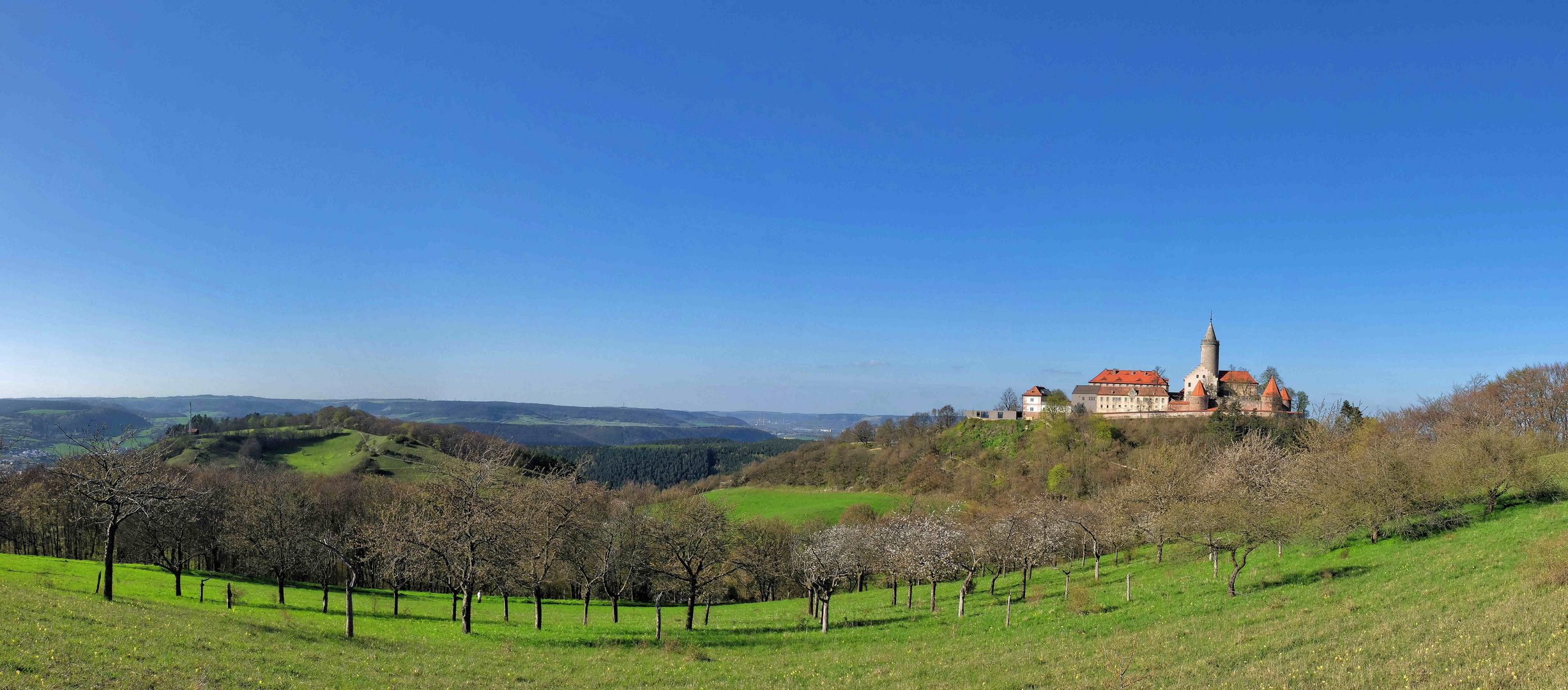 Panorama Leuchtenburg und Saaletal im Frühling