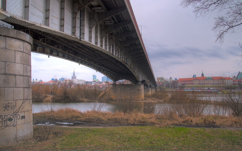 Panorama of Warsaw from under the bridge.