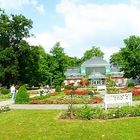 Panorama Rosengarten im Palmengarten Frankfurt mit Eingangsschauhaus