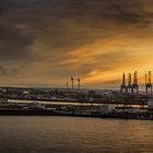 Panorama vom Hamburger Hafen (Süderelbe) mit der Köhlbrandbrücke bei Sonnenuntergang