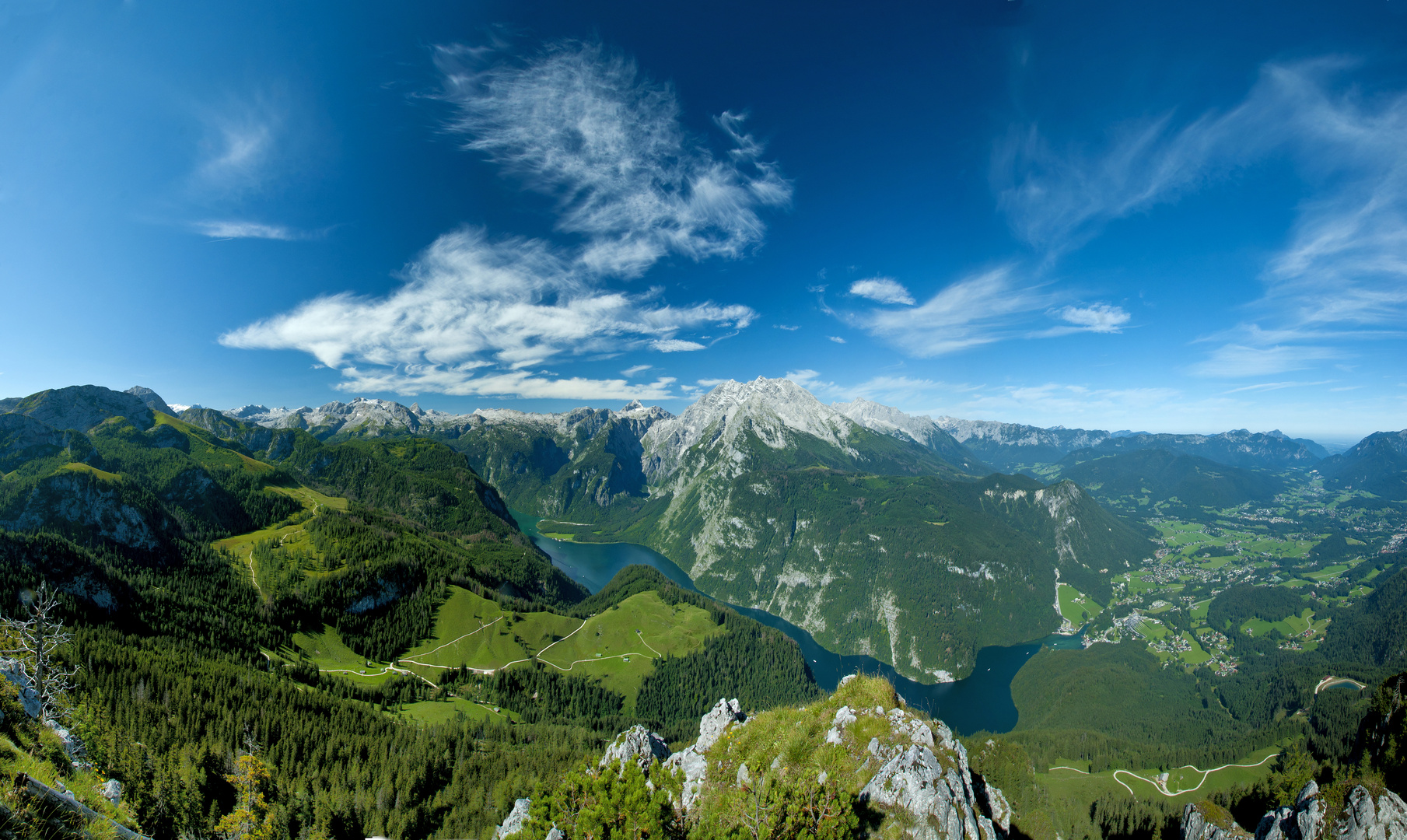 Panorama vom Jenner über den Königsee mit Watzmann und Steinernem Meer - Berchtesgaden, Berchtesgad