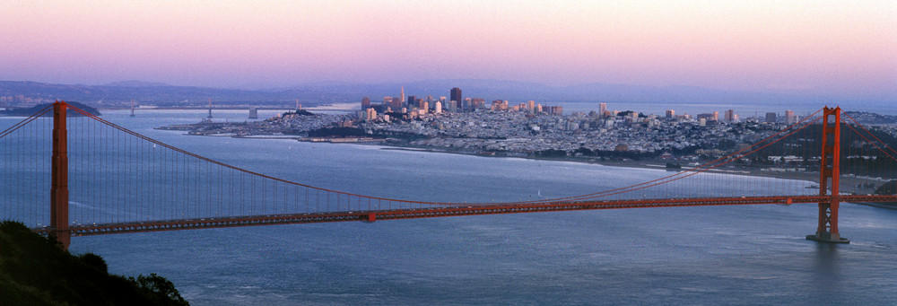 Panorama - wide Golden Gate Bridge and San Fransisco