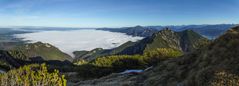 Panoramalandschaft-Blick vom Heimgarten ins Alpenvorland und Nebel über dem Kochelsee