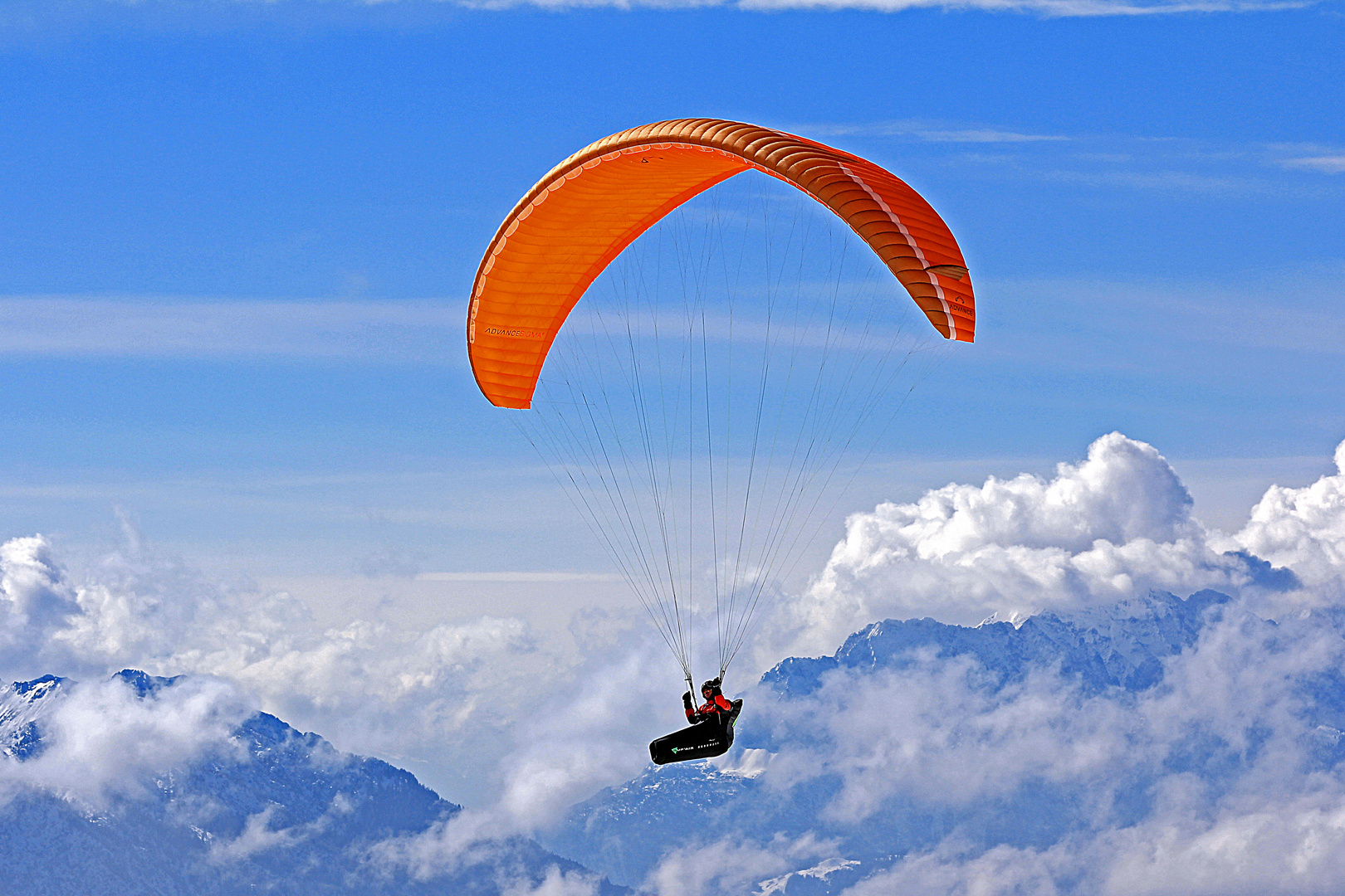 Paragleiter vor den Berggipfeln der Voralpen