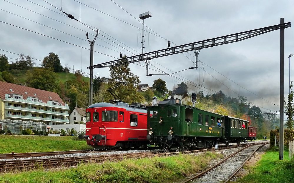 Paralleleinfahrt BDe4/4 92 von Wald und CZm1/2 31 von Bäretswil