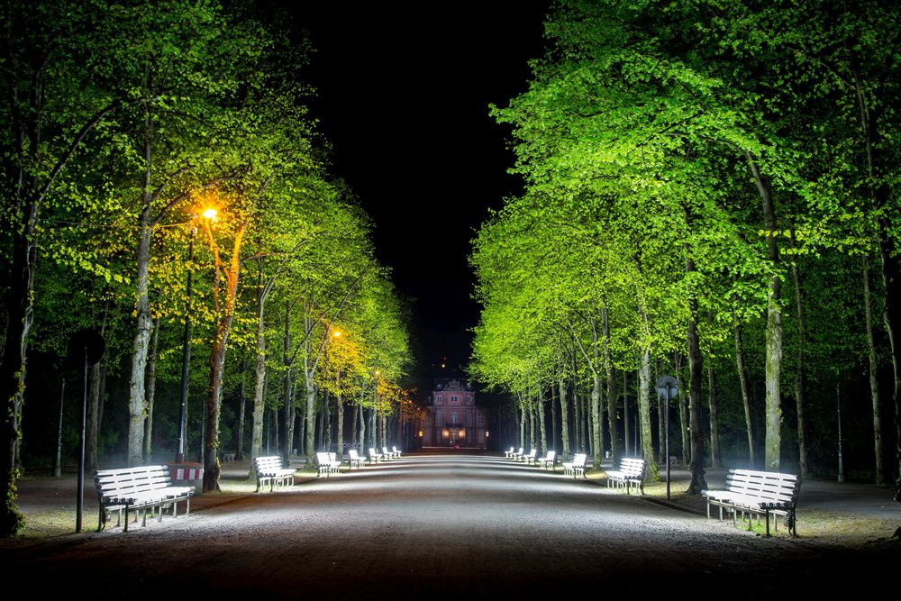 Parkbänke leuchten in der Nacht