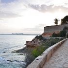 Paved coastal walkway on a summer evening