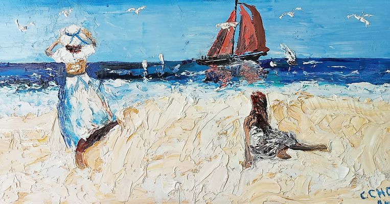 Paysage de bord de mer à l'huile et au couteau.