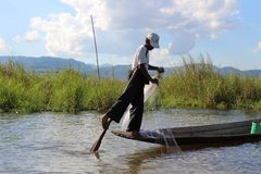 Pêcheur au lac Inle et sa façon si particulière de ramer.