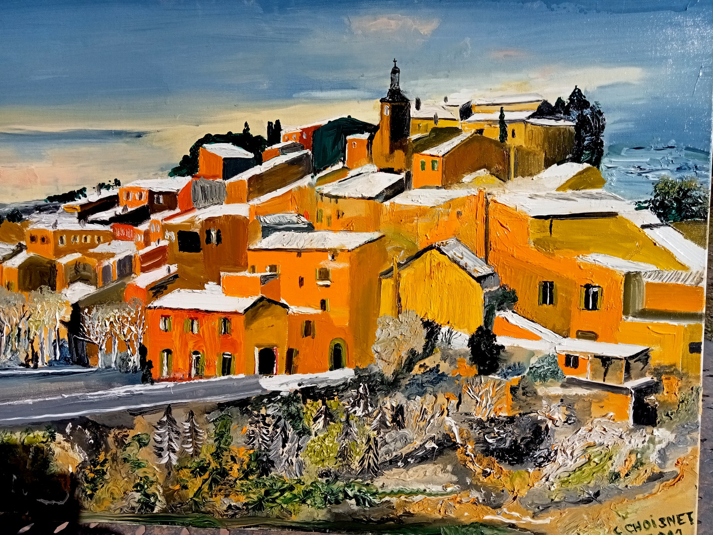 Peinture à l'huile sur châssis toilé de Roussillon (Vaucluse) sous la neige. 