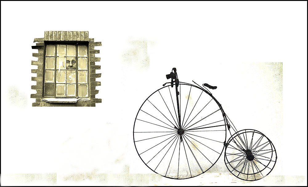 penny farthing and man at window