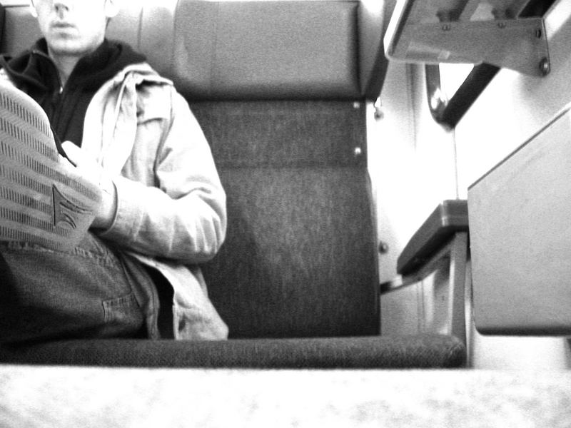 Perspektive eines Flohs auf einem Sitz im Zug