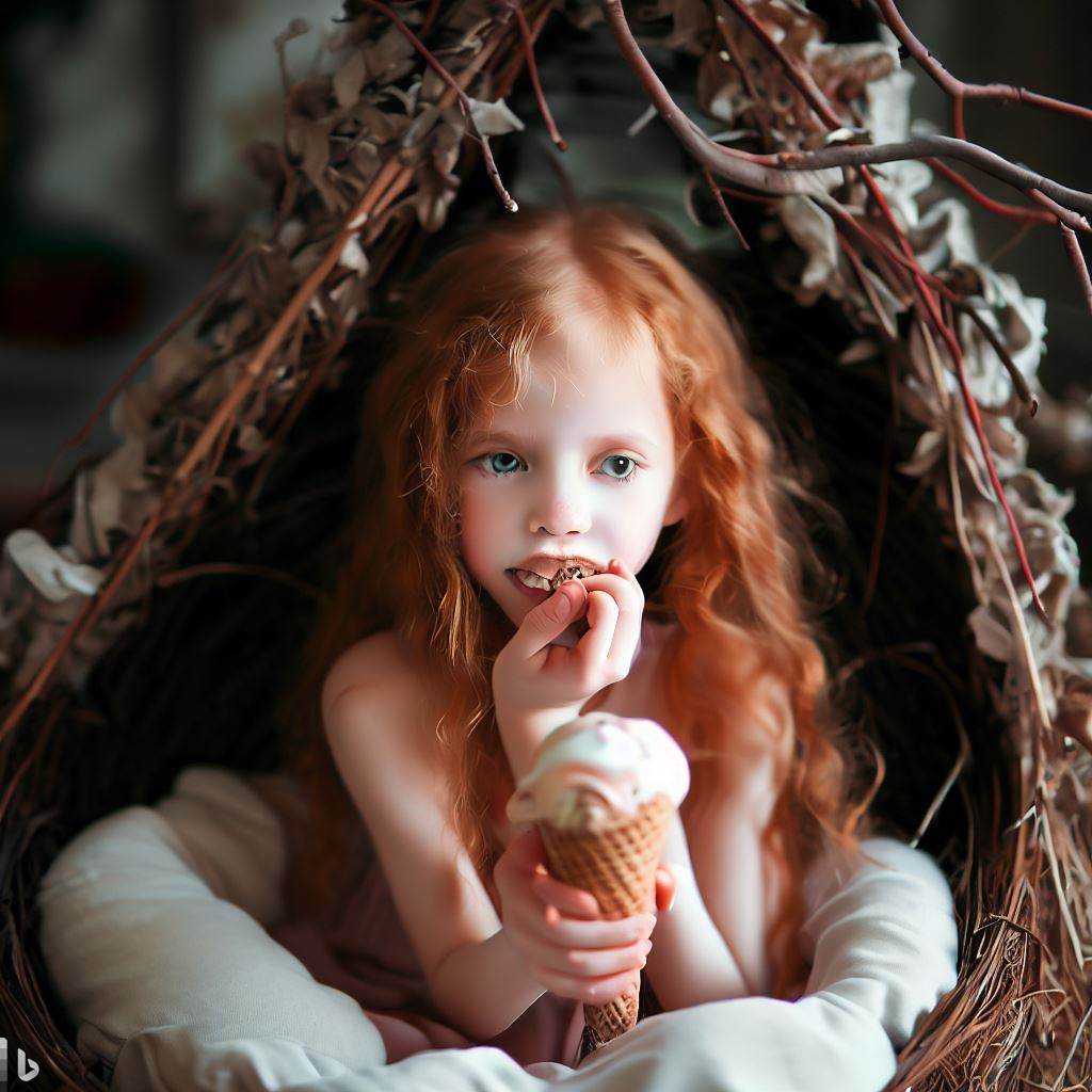 Petite fille mangeant une glace dans un nid