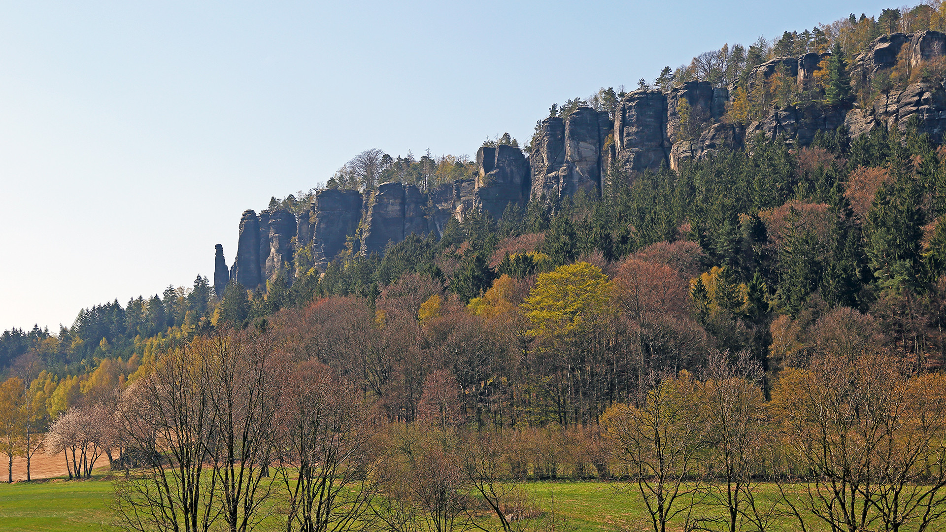 Pfaffensteinfelstürme diagonal in der Sächsischen Schweiz im Vorfrühling,...