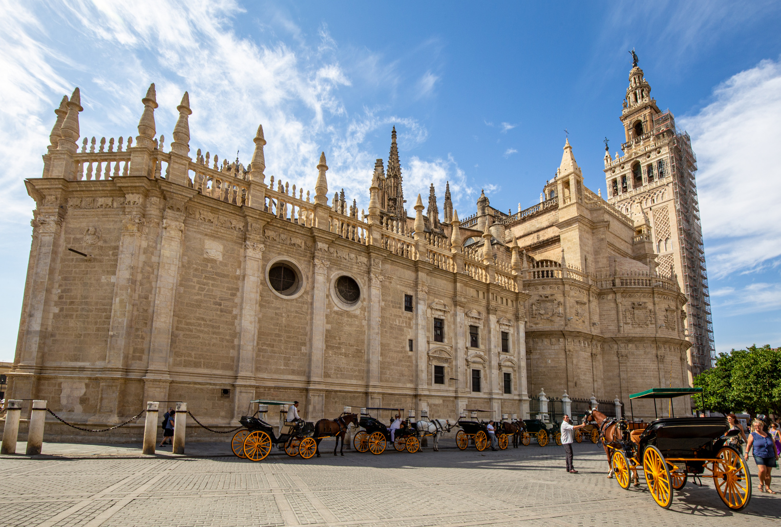 Pferdedroschken warten vor der Kathedrale von Sevilla