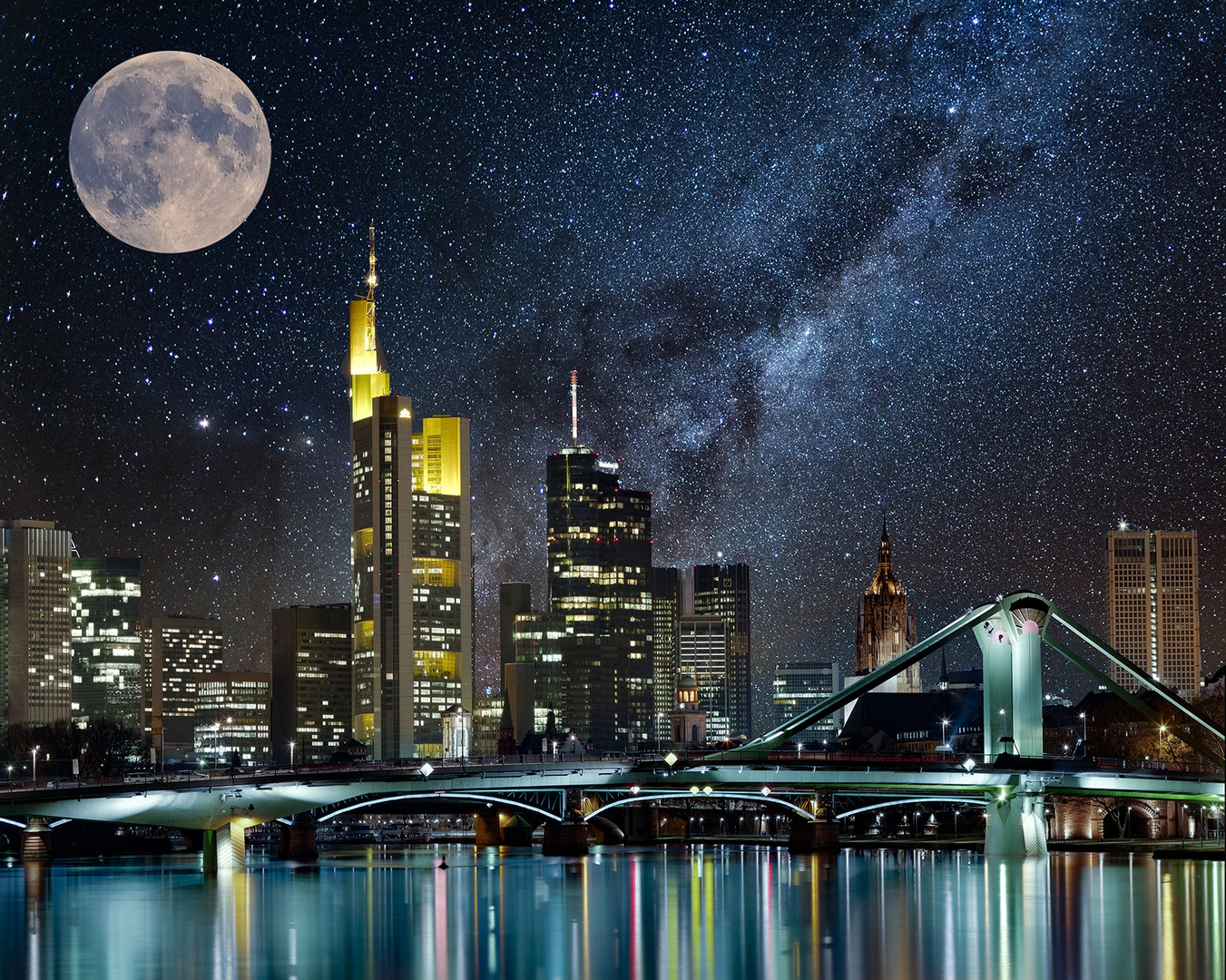 Phantasiehimmel über Frankfurt Skyline mit Sternenhimmel und Vollmond