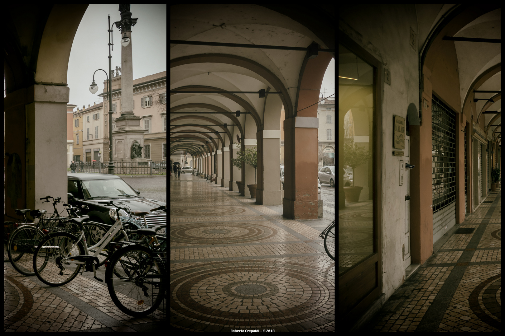 Piacenza, portici di piazza duomo, trittico