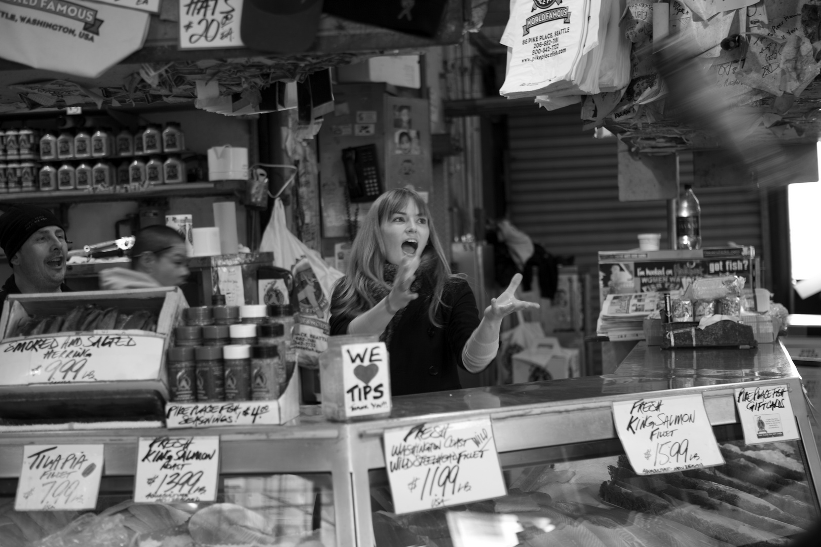 Pike Place Fish Market! Will she catch it?