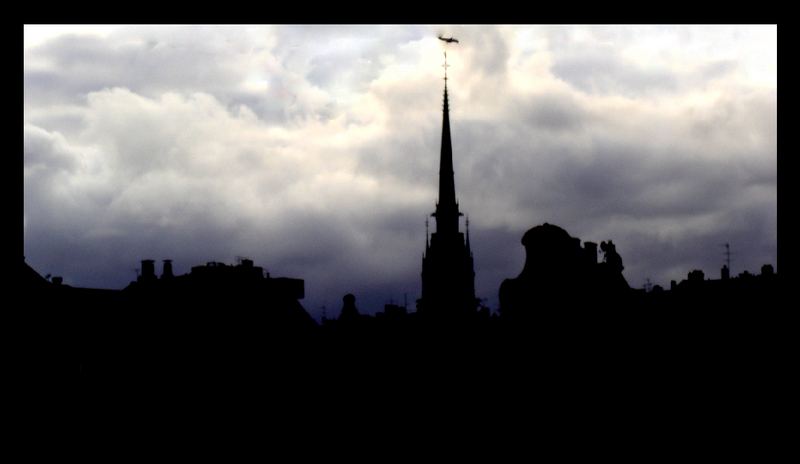 Plane flying over town