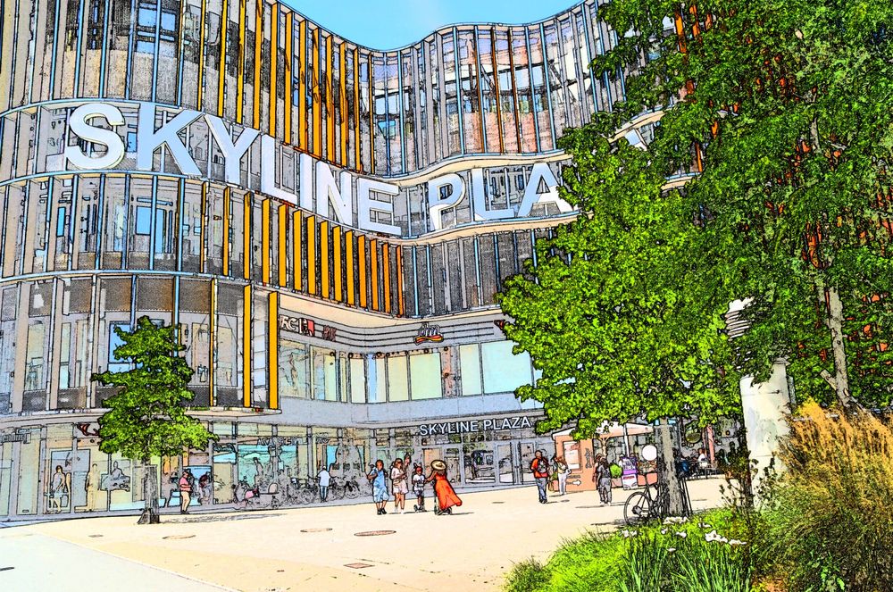 Platz vor dem Skyline Plaza mit Menschen