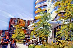 Platz vor Skyline Plaza und Wohn-Hochhaus-Teil mit Inspire-Stil