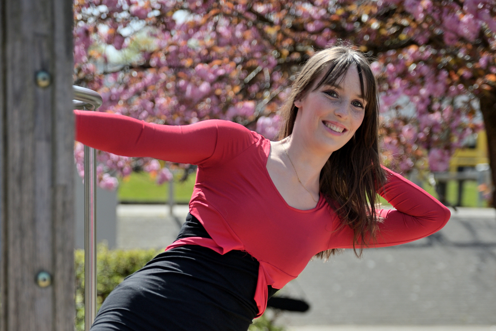 Playin' in front of cherry blossoms