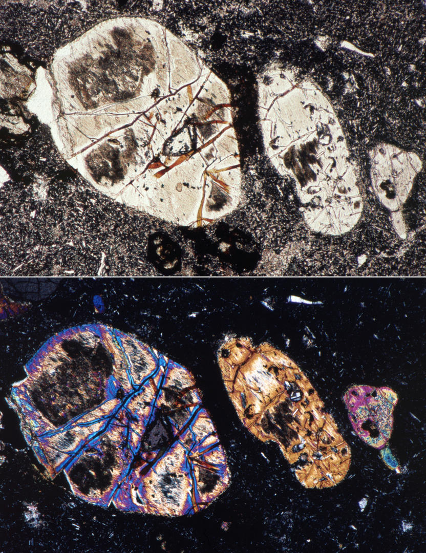 Polarisationsmikroskopie: Alterierte Orthopyroxene und Olivine