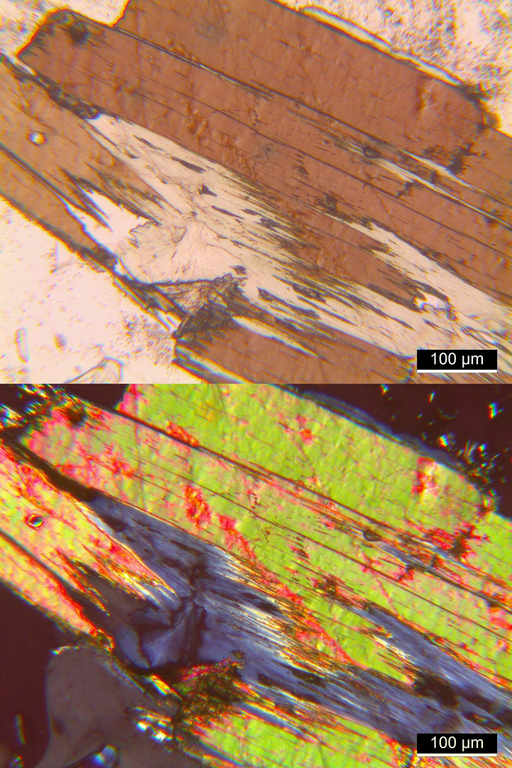 Polarisationsmikroskopie: Chloritisierter Biotit in Granit