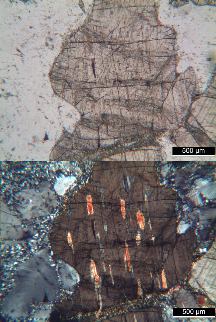 Polarisationsmikroskopie: Gepresster Gabbro aus Sachsen