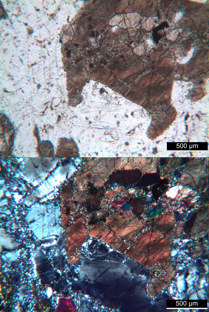 Polarisationsmikroskopie: Gepresster Gabbro aus Sachsen