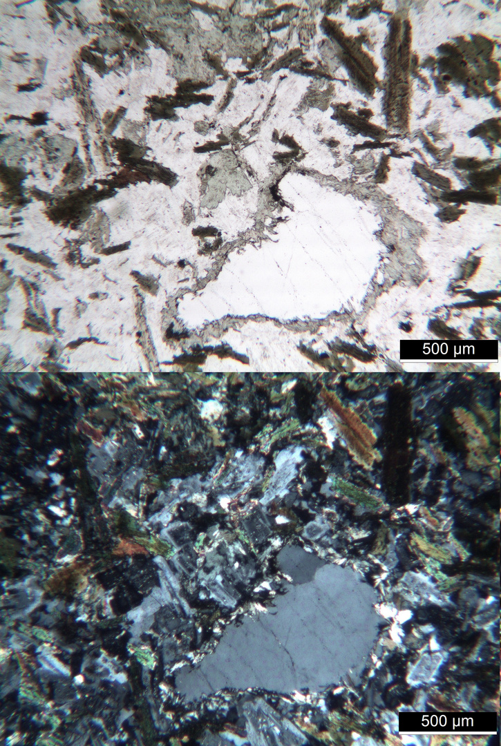 Polarisationsmikroskopie: Kersantit aus dem Spessart