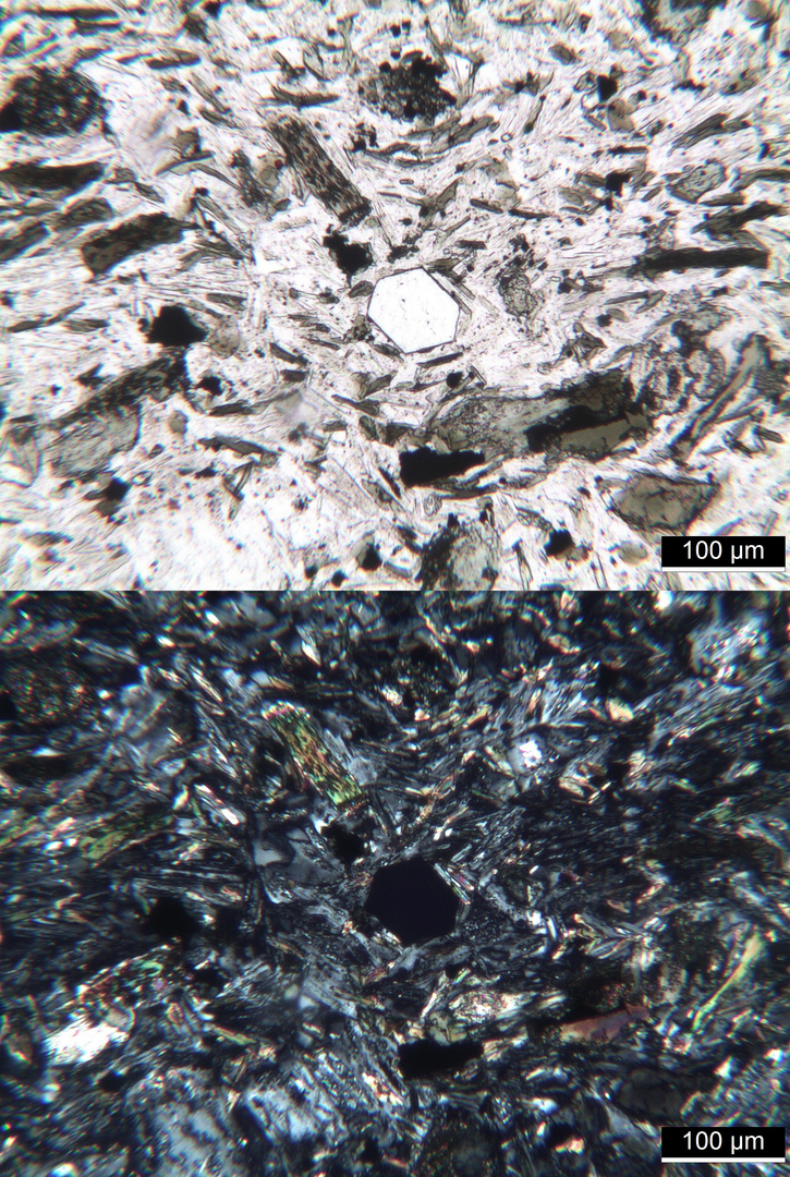 Polarisationsmikroskopie: Kersantit aus dem Spessart