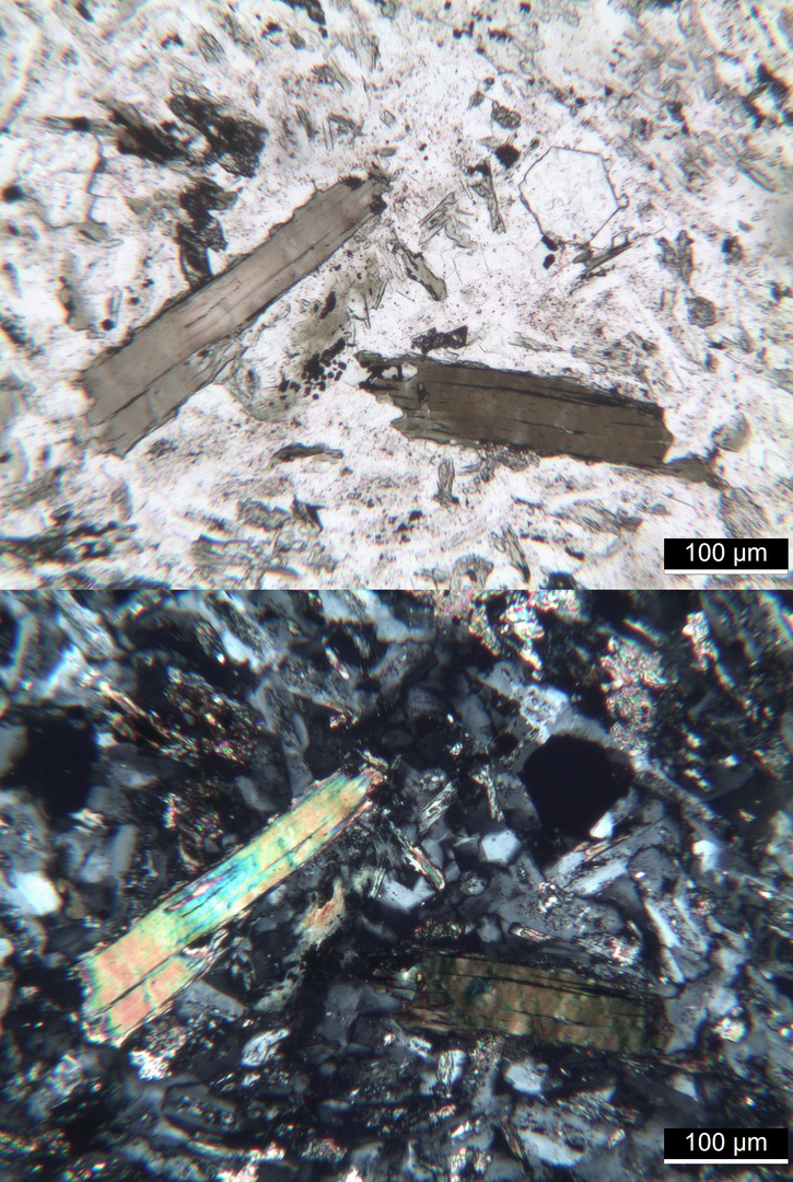 Polarisationsmikroskopie: Kersantit aus dem Spessart