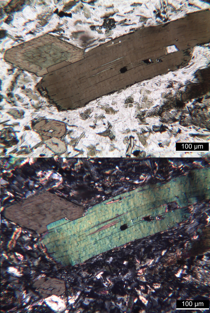 Polarisationsmikroskopie: Kersantit aus dem Spessart