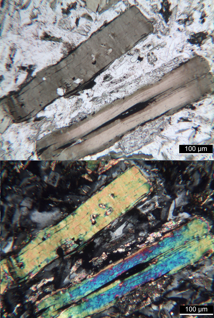 Polarisationsmikroskopie: Kersantit aus dem Spessart