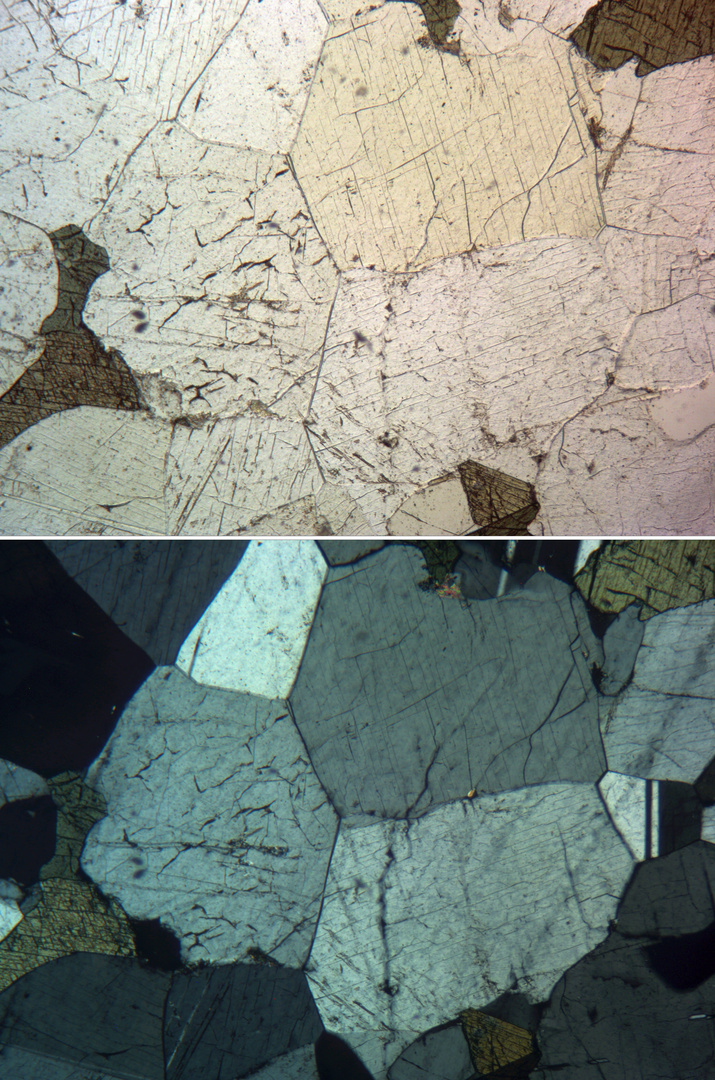 Polarisationsmikroskopie: Mosaik-Gefüge in Gneis von Sudbury
