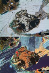 Polarisationsmikroskopie: "Olivin-Monzonit" aus dem Monzoni-Tal, Tirol