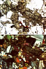 Polarisationsmikroskopie: Pyroxene und Plagioklas in Gabbro