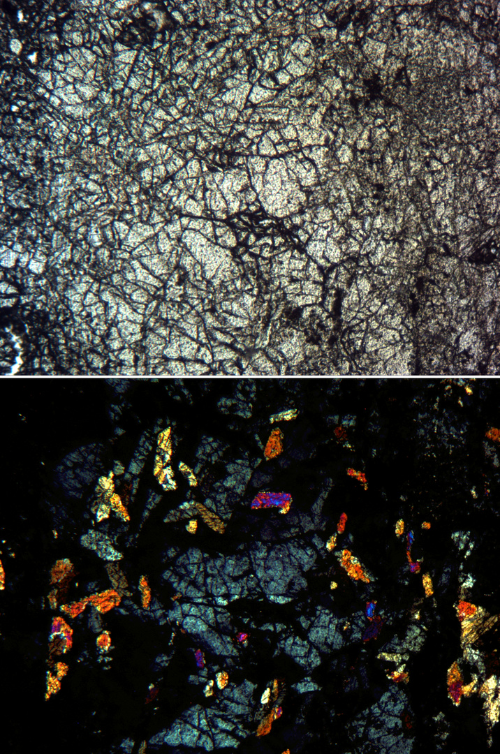 Polarisationsmikroskopie: Salit und Granat in Skarn